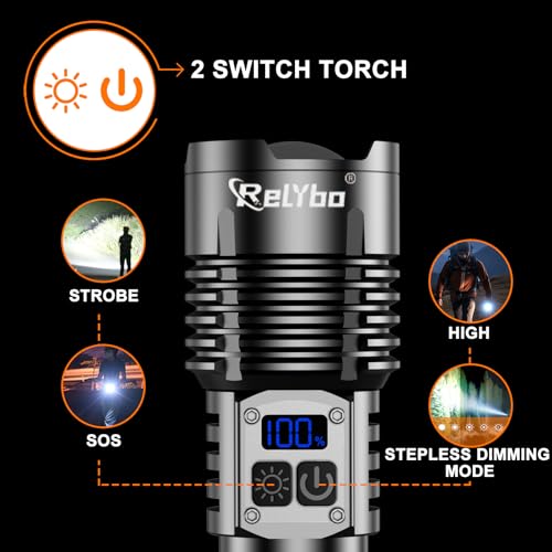 Relybo Torches LED Super Bright 500000 Lumen, Rechargeable Torch Flashlight, Powerful Torches Battery Powered, 2 Switches, 4 Lighting Mode, High Powered Torch for Dog Walking Camping Hiking Emergency - Image 4