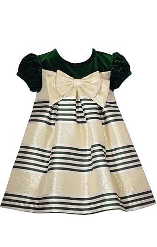 Bonnie Jean Green Holiday Christmas Dress - Short Sleeve Green and Gold Stripe for Baby Girls