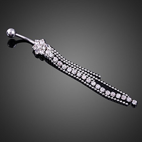 Vktech Surgical Steel Rhinestone Flower Long Beads Tassels Belly Navel Button Ring (White)