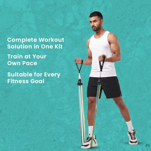 Image of Roughhouse Resistance Bands Set for Home Gym - 5 Levels Stackable Workout Tubes with Foam Handles, Door Anchor, Ankle Straps & Guide - Full Body Strength Training, Stretching & Travel Fitness Kit