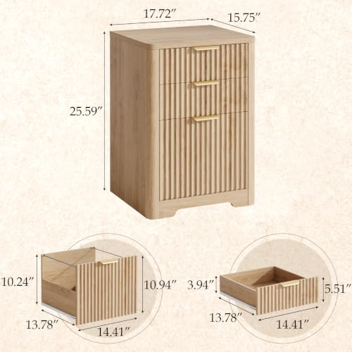 Image of Halitaa 3 Drawers File Cbinet, Fluted Wood Lateral Filing Cabinet, Oak