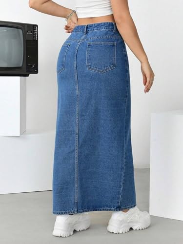 Image of GRECIILOOKS Women's High Waist Denim Skirt with Front Slit - Long Maxi Jean Skirt Casual Fashion - Stylish Denim Skirts for Women