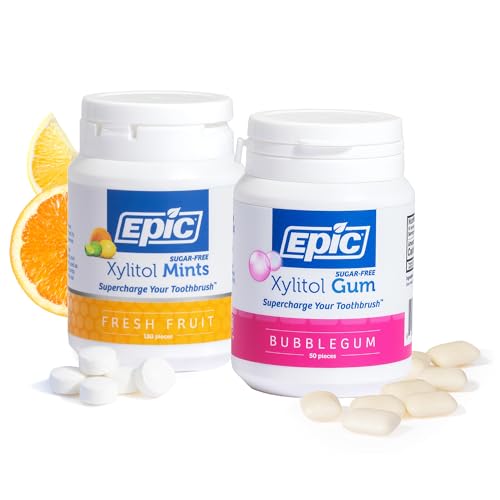 Epic Xylitol Bubblegum Chewing Gum & Fresh Fruit Mints Bundle - 50 Pieces Bubblegum Gum & 180 Fresh Fruit Mints - Sugar Free, Aspartame Free, Dentist-Recommended for Dry Mouth & Cavity Protection