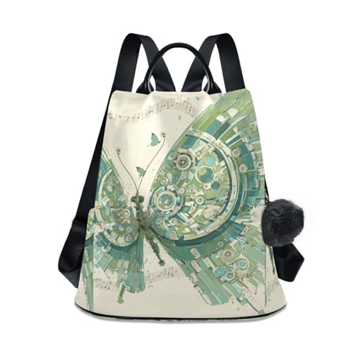 KLL Mechanical Style Butterfly Music Notes Mint Green Fashion backpacks for women Anti-theft large backpack for women for Travel, Work, Everyday with Pom-pom keychain
