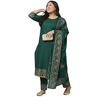 Stylum Women's Plus Size Rayon Block Print Straight Kurta Pant Dupatta Set (KPDGreenMagic48_Bottle Green, 4XL)