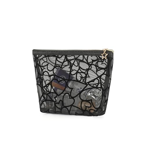 Image of Trapezoidal Mesh Makeup Bag Flocking Heart Printed, Portable Travel Mesh Cosmetic Bags Toiletry Bags Makeup Purse Bags Five-pointed star zipper pull Storage Pouches, for Home Travel