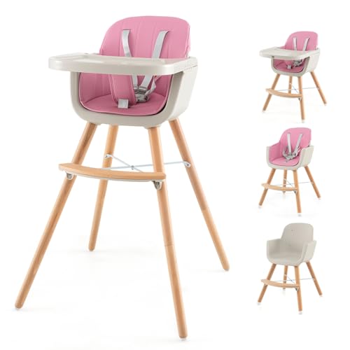 Image of HONEY JOY Baby High Chair, 6-in-1 Eat & Grow Wooden Highchair/Toddler Chair with Removable Tray, 5-Point Harness, PU Cushion and Footrest, Convertible High Chair for Babies and Toddlers(Pink)