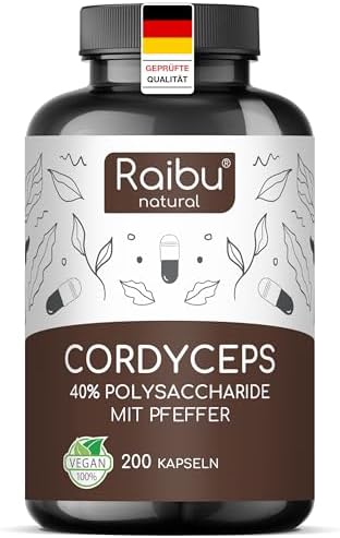 Raibu Cordyceps Kapseln - 200 Kapseln - 21000 mg Pilz-Extrakt pro Tagesdosis (10:1) - 40% Polysaccharide - Cordyceps Sinensis mit schwarzem Pfeffer
