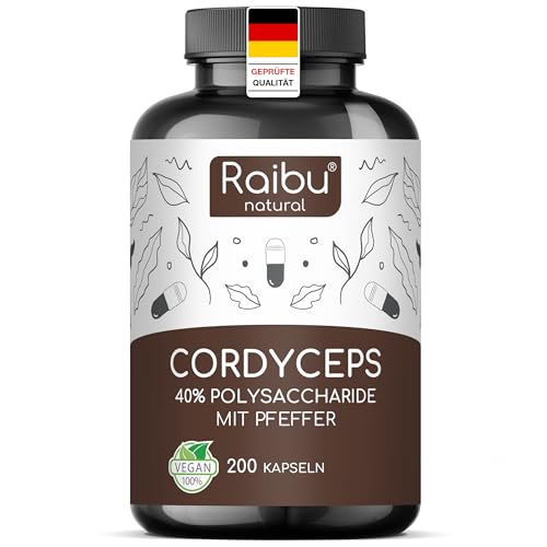 Raibu Cordyceps Kapseln - 200 Kapseln - 21000 mg Pilz-Extrakt pro Tagesdosis (10:1) - 40% Polysaccharide - Cordyceps Sinensis mit schwarzem Pfeffer