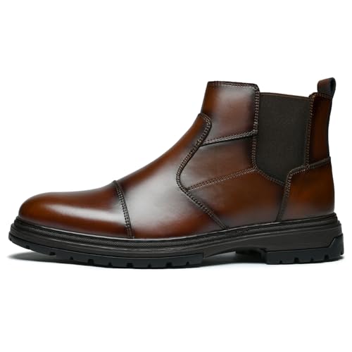 Image of Holy dove Men's Chelsea Boots, Cap Toe Slip On Coffee Brown Leather Ankle Dress Boot Mid-Top Stylish Casual Shoes for Men