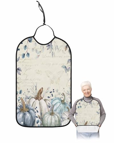 LEOKOTI Blue White Pumpkins Fall Adult Bibs for Eating, Waterproof Bibs with Food Catcher & Adjustable Snap Closure, Retro Maple Leaf Thanksgiving Washable Clothing Protectors Adult Bibs for Elderly