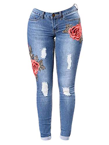 Andongnywell Women High Waist Embroidered Destroyed Ripped Skinny Jeans Flower Embroidery Denim Pants Trousers