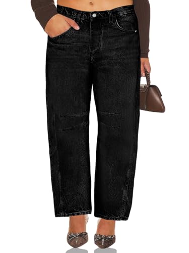 Beautife Womens Plus Size Barrel Jeans Baggy Boyfriend Mid Rise Wide Leg Cropped Ankle Horseshoe Denim Pants2