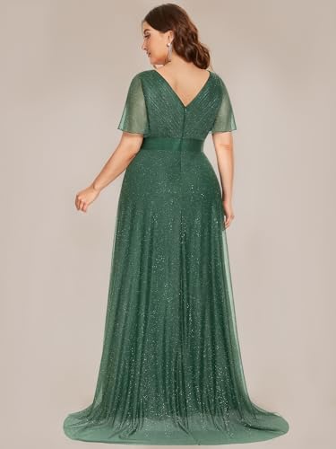 Image of Ever-Pretty Plus Women's Glitter Formal Dress Evening Gown for Gala V-Neck Short Sleeve Floor Length Plus Size Prom Dresses