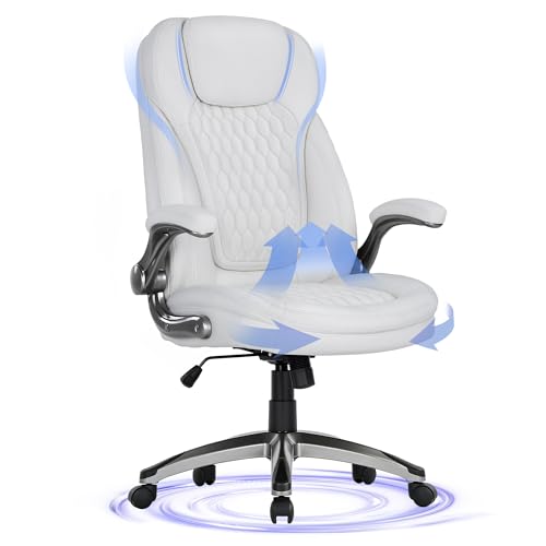 Image of COLAMY Executive Office Chair-Ergonomic Computer Desk Chair, High Back Leather Chair with Padded Flip-up Arms, Swivel Home Office Chair Upgraded Caster, White