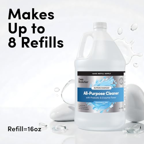 Image of Clean Revolution SuperCharged All Purpose Cleaner Refill with Smart Probiotic + Enzyme Complex, Multi-Surface Kitchen Bathroom & Floor Cleaner, Fragrance Free, 128 Fl Oz (Pack of 1)
