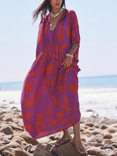 Image of Moss Rose Kaftan Dresses for Women V Neck Summer Swimsuit Cover up Caftan Maxi Beach Dresses
