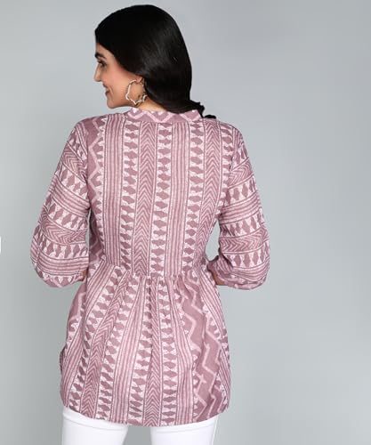 Image of Stylistico Geometric Print Summer Cotton Tunic Western Everyday Regular Fit Full Sleeve v Neck Office Peplum Printed Long Tops for Women Latest