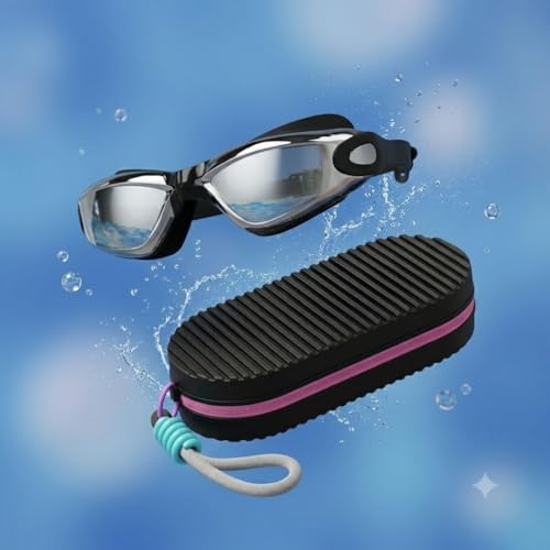 Image of First Lens Swimming Combo - Adult Antifog Swimming Goggles with Portable Protective Case - Silver Goggle + Swimm Case Black
