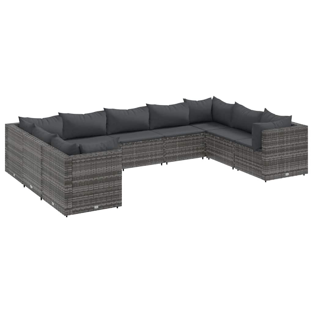 Set di mobili da giardino in polyrattan grigio, 9 pezzi, con cuscini, resistenti ai raggi UV, design modulare per terrazza, balcone, mobili da esterno