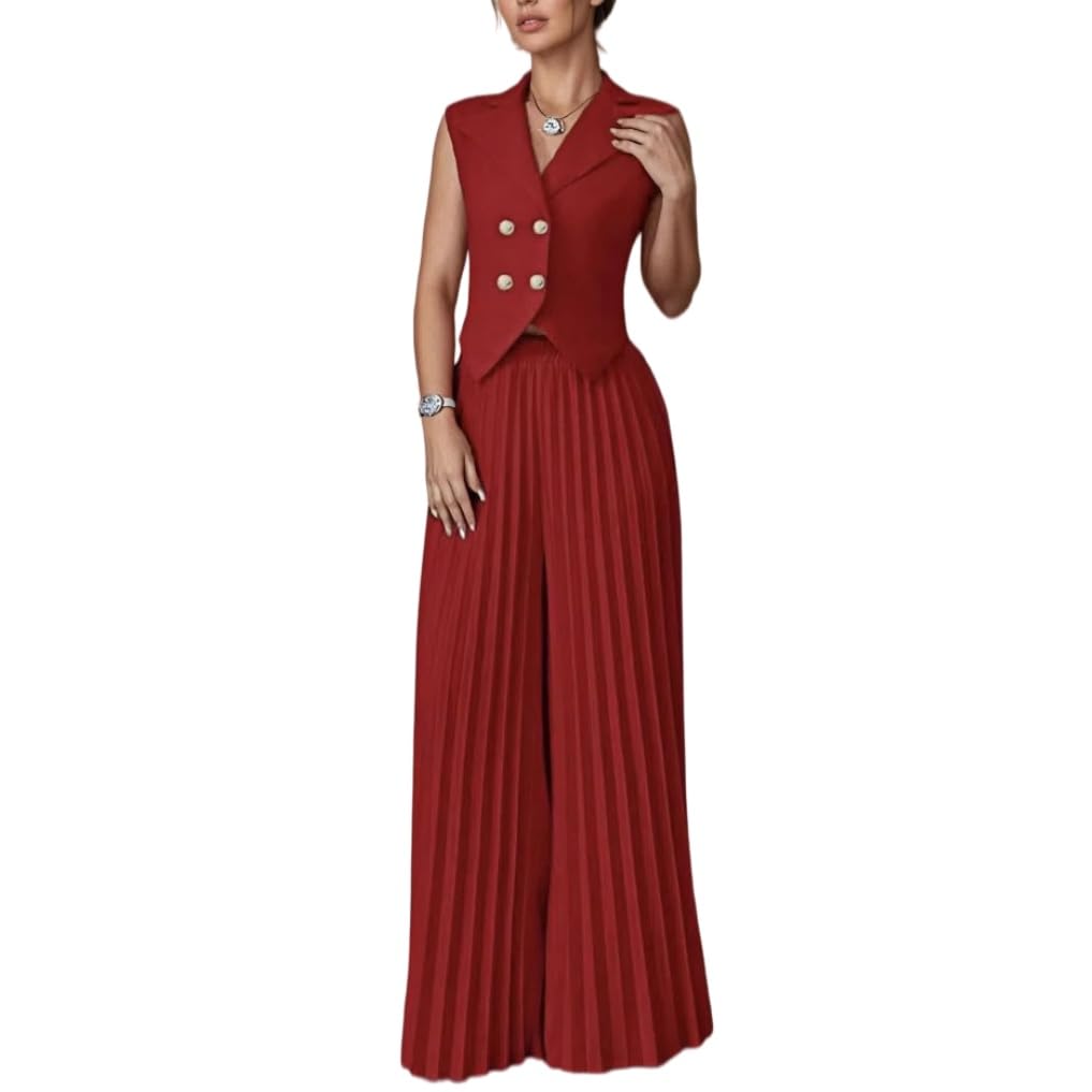 Ensemble Femme Ensemble Deux Pièces Pour Femme Blazer Court Sans Manches Et Jupe-Pantalon Plissée Élégant Tailleur Croisé Assorti Idéal Pour Le Bureau Un Mariage Ou Une Soirée