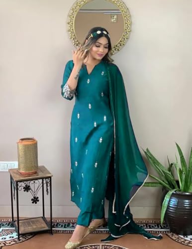 Image of Women Premium Collection Rayon Embroidered Straight Kurta Pant Dupatta Festive Ethnic Apparel Set
