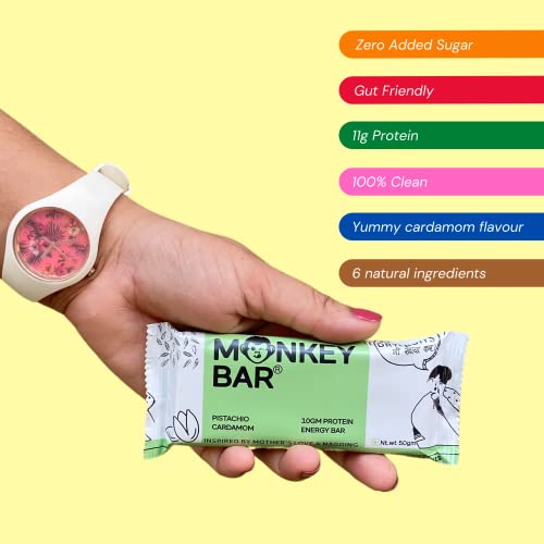 MONKEY BAR - Pistachio Cardamom Protein Bar - 8 Bars, 50g each, 11g Protein, High Protein Snack, No Added Sugar, Just 6 Natural Ingredients