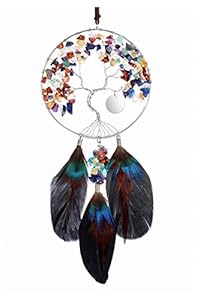 10x55cm Edelstein-Baum, Chakra-Lebensbaum, Draht mit 3 großen Vogelfedern | Traumfänger
