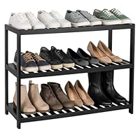 Neo 3-Tier Bamboo Shoe Rack Stand Natural Wooden Shoe Storage Shelf for Hallway Bedroom Bathroom 70x26x55cm (Black)