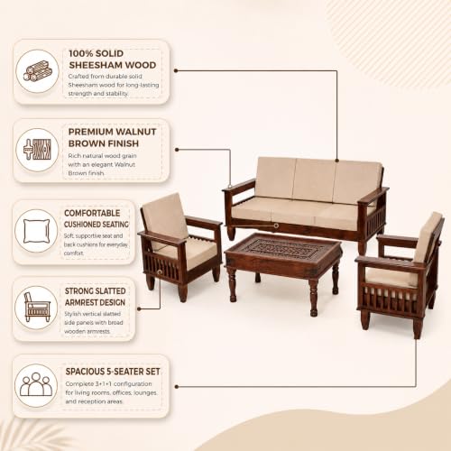 Image of Furniture Solid Sheesham 5 Seater Wooden Sofa for Living Room with Cushion|Solid Wood 5-Person Sofa Set /Couch 3+1+1 for Bedroom,Home,Office & Lounge| Walnut Brown Finish