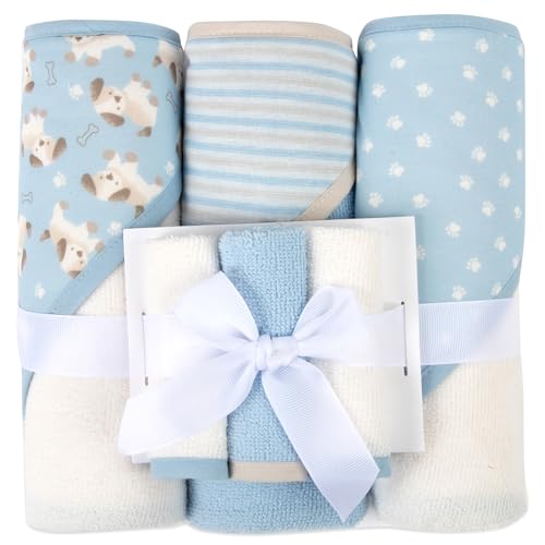 Image of Jessica Simpson 6 Piece Printed Hooded Bath Towel and Washcloth Set for Infant, Newborns and Toddlers 3 – 24 Months for Bath Time, Showers, Lounge, Beach and Pool (6 Piece Puppies Print)