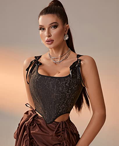 Image of Dreay Womens Vintage Asymmetrical Hem Overbust Corset Tie Front Lace-up Back Bustier Shapewear Top