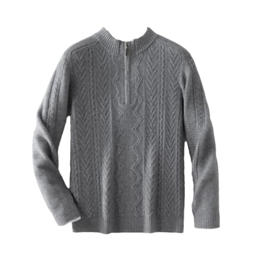 Men Mock Neck Zipper Pullover Cashmere Sweater Long Sleeve Jumper Merino Wool Knitwear Thick Tops Gray XL