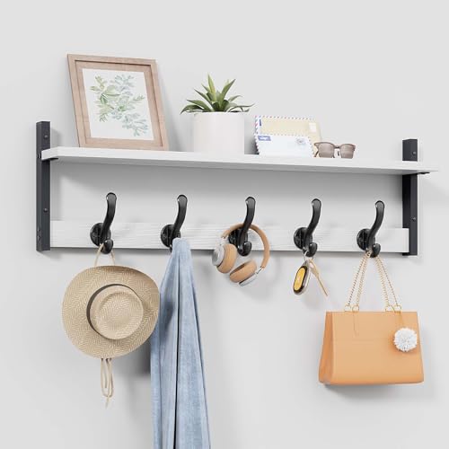 Image of Tatub 29 inch Coat Rack Wall Mount with Shelf, Entryway Wall Hooks with Shelf, Coat Hangers for Bathroom, Living Room, Bedroom, Rustic White