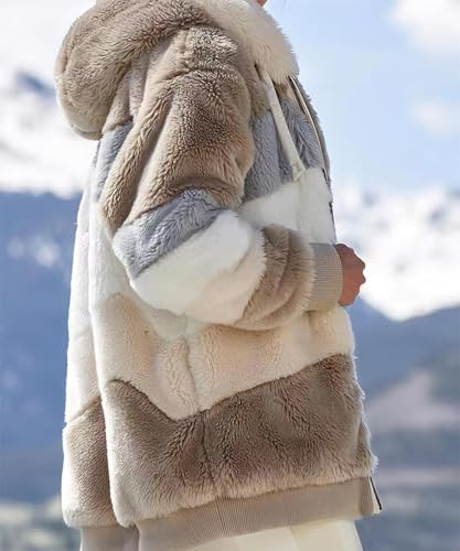 Zaswen Womens Long Sleeve Furry Faux Fleece Hooded Sherpa Jackets Full Zip Up Contrasting Thick Plush Coats with Pockets3