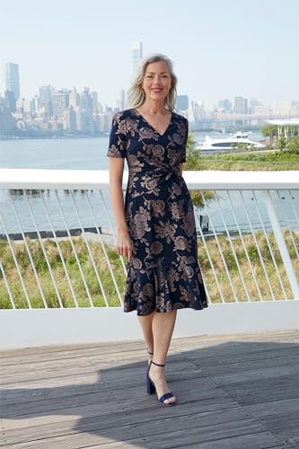 Image of London Times Women's V-Neck Dress - Flounce Hem, Twist Waist, Elegant Office & Event Wear