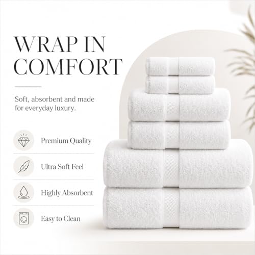Image of Sulfar 100% Combed Cotton, 6 Pcs Towel Set - 2 Bath Towels (70 x 140 cm), 2 Hand Towels (40 x 70 cm) and 2 Face (30 x 30 cm) (600 GSM, Pack of 6) White