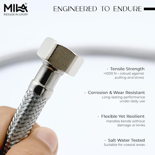 Image of MILA German-Standard Geyser Connection Hose Pipe SS-304 24 inch - Pack of 2 | Stainless Steel Bathroom & Kitchen Accessory | Corrosion Resistant, Flexible & Hot Water Tested | 3-Year Warranty