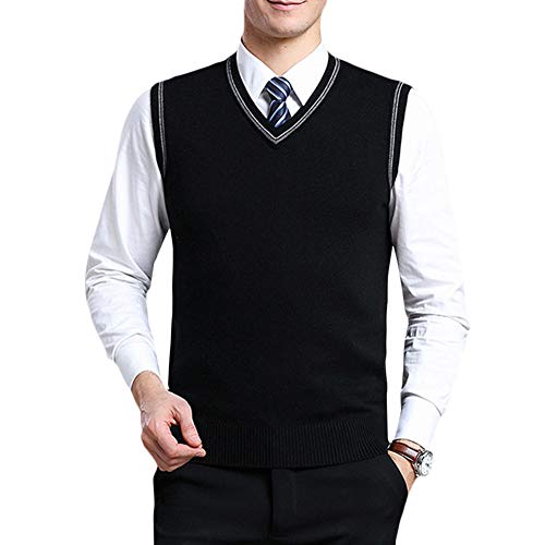 YFFUSHI Men's V Neck Sweater Vest Sleeveless Pullover Wool Blend Classic Sweater Knitted Vest Black