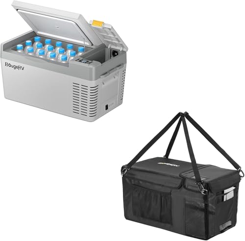 Glacière à compresseur BougeRV CRPRO en camping et pique-nique avec sa housse grise 20L