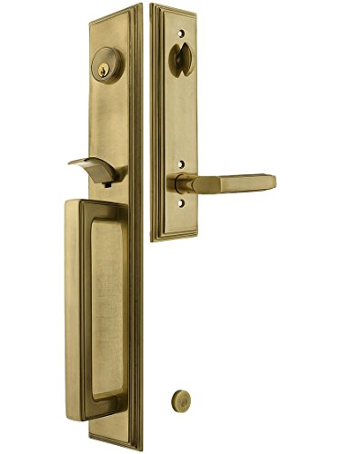 Melrose Style Tubular Handleset In Antique Brass With Left Hand Milano Levers And A 2 3/8" Backset. Antique Handles. #TOP28