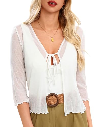Image of Aiboria Womens 3 /4 Sleeve Shrug Lightweight Bolero Tie Front Cropped Cardigan White