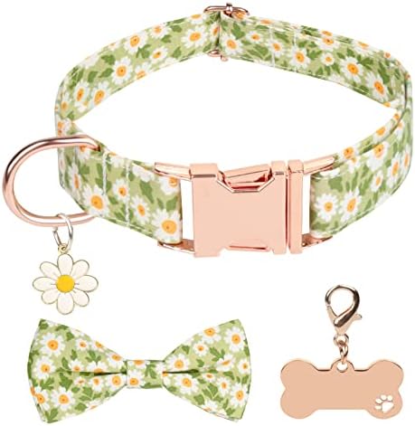 YTFU Girl Boy Dog Collar Bow Tie Collars with Cute Daisy Printed Pattern, Female Dog Collars Pure Cotton Pet Collars for Medium Dogs with Adjustable Metal Anti-Skid Buckle (M,Green)