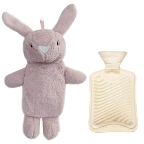 Siyecioa Bolsa de Agua Caliente, Con Funda Suave de Peluche, Pequeña Animales Hot Water Bottle Caucho Natural, Calentador Cama, para Niños, Adultos, Alivio del Dolor, Mantener Caliente（conejo）