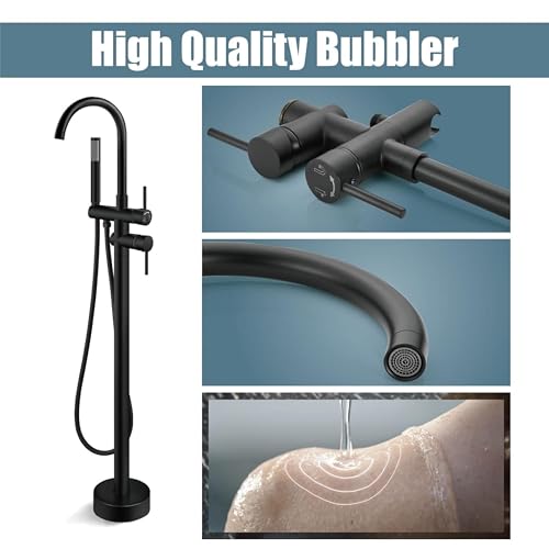 Image of BASSINO Luxury Freestanding Floor Mounted Bathtub Faucet with Hand Shower /6x8x45 Inches Premium Stand Alone Bath Tub Mixer Tap for Bathroom /Free Standing Tub Filler for Spa & Villa Bathrooms(Black)