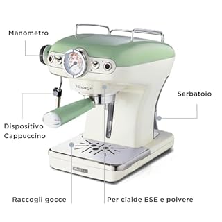 Ariete Caffè Espresso Vintage 1389, Macchina per Caffè Espresso per Polvere o Cialda ESE, 1 e 2 Tazze, Lancia Cappuccinatore, Supporto Tazze in Acciaio Inox, 15 Bar, 850W, Verde