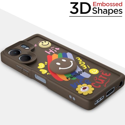 Image of Pikkme Back Cover for Oppo A5x | Soft Silicone| Cute Rainbow Smile & 3D Cartoon Flower Design | Shockproof Raised Camera Protection Bumper Case (Brown)