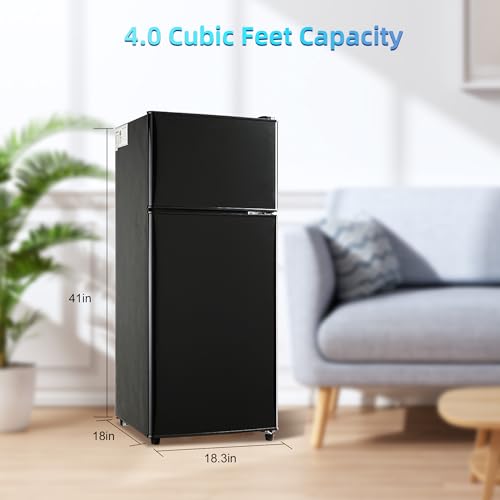 Image of Mini Fridge with Freezer, 4.0 Cu. Ft. Double-Door Mini Refrigerator with 7-Level Adjustable Thermostat & Adjustable Glass Shelves, Compact Dorm Fridge 37 dB Low Noise for Bedroom, Apartment, Black