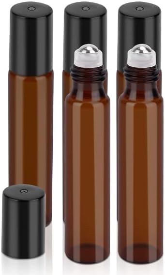 Caribbean Coastal Delights Pack of 5 - Roll-on Refillable Glass Perfume Bottle Purse or Travel Size, Amber Glass Roller Bottles, Roll on Bottles with Stainless Steel Roller Ball