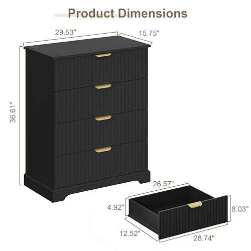 Image of Wooden 4 Drawer Dresser for Bedroom, 36.6 in Tall Fluted Dresser with Metal Handles, Modern Chest of Drawers for Bedroom, Living Room, Entryway, Black